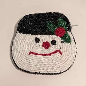 Beaded Coin Purse Snowman Face, Zippered Opening.